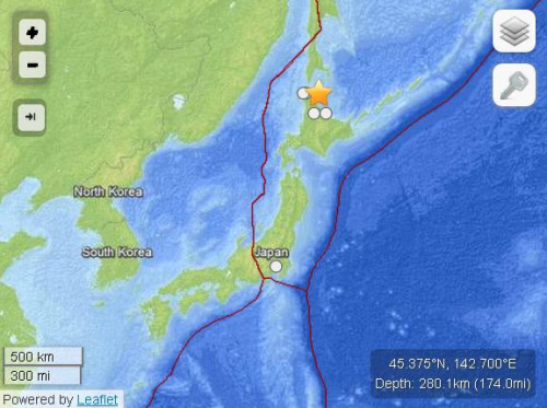 日本北海道海域發(fā)生5級地震震源深度280公里