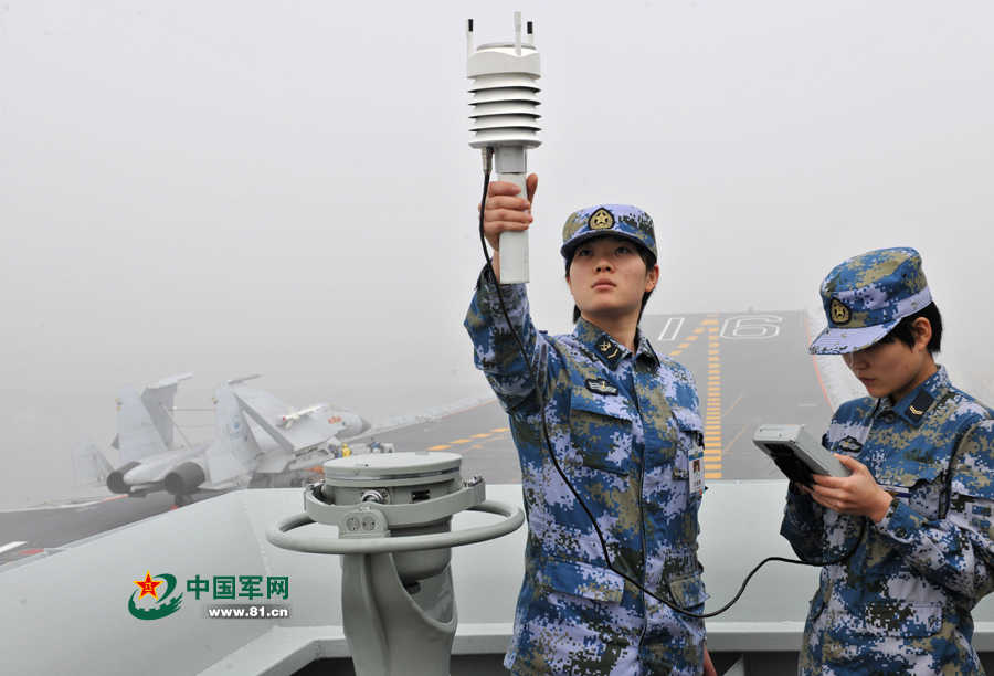 飛行前氣象值班女艦員進(jìn)行風(fēng)力參數(shù)測(cè)定。本網(wǎng)通訊員 王松岐 攝